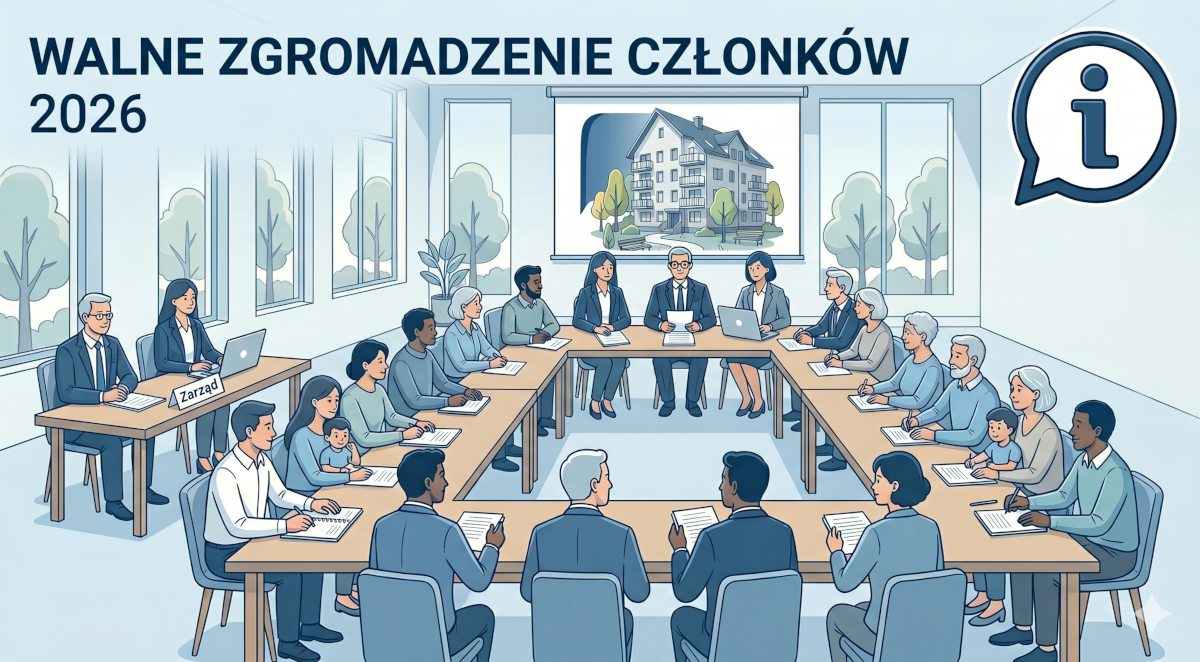 Grafika informacyjna Spółdzielni Mieszkaniowej we Lwówku Śląskim ogłaszająca postępowanie przetargowe. Na obrazku widoczna jest makieta budynku wielorodzinnego oraz dokumenty i teczka z napisem Przetarg