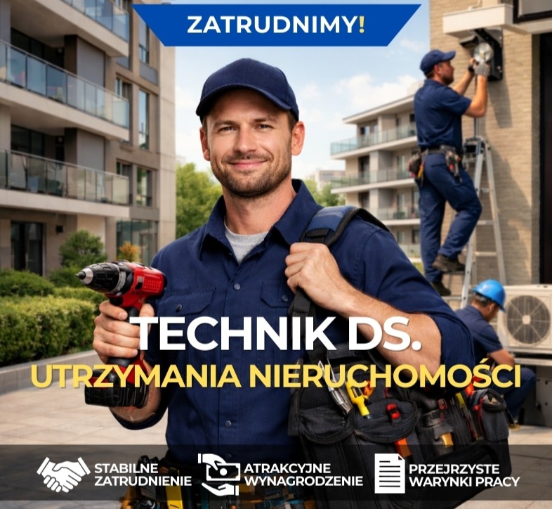 technik ds. utrzymania nieruchomości na tle budynków mieszkalnych.