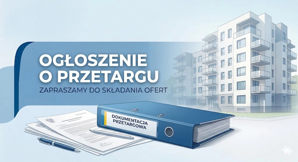 Grafika informacyjna Spółdzielni Mieszkaniowej we Lwówku Śląskim ogłaszająca postępowanie przetargowe. Na obrazku widoczna jest makieta budynku wielorodzinnego oraz dokumenty i teczka z napisem Przetarg